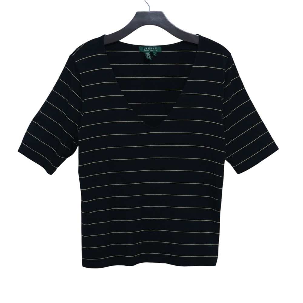 Lauren Ralph Lauren Black and Gold Striped Tee V-Neck